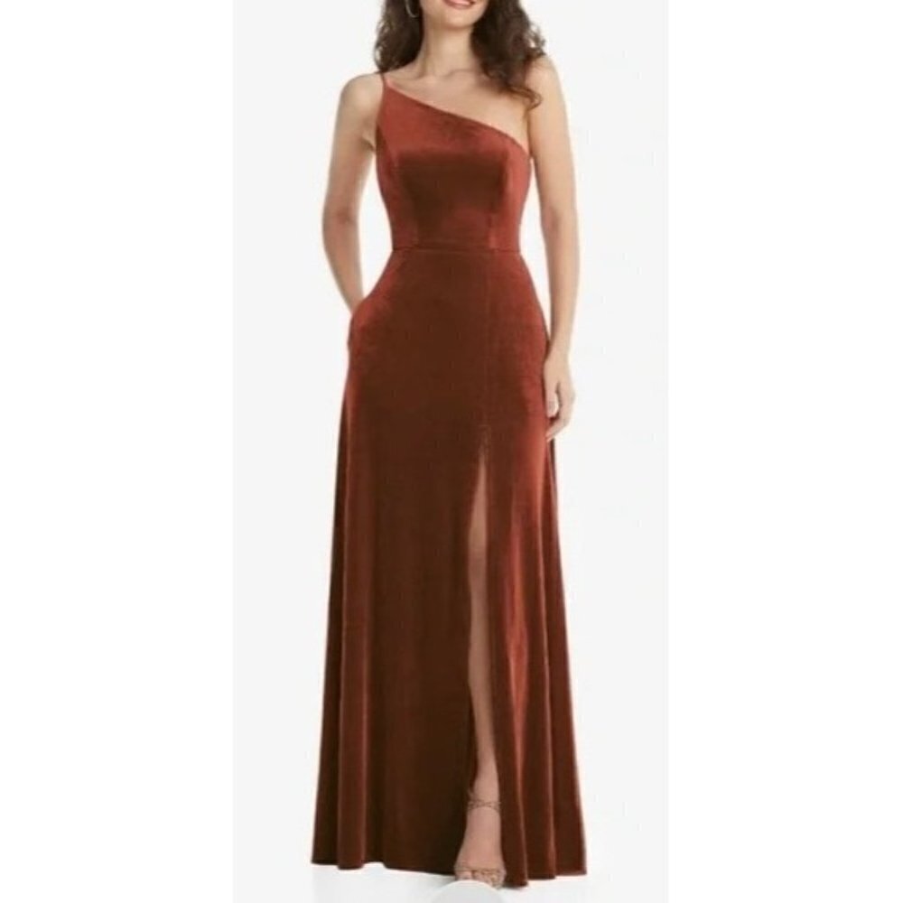 After Six NWT One Shoulder Velvet Maxi Pocket Auburn Moon Dress Size 24
